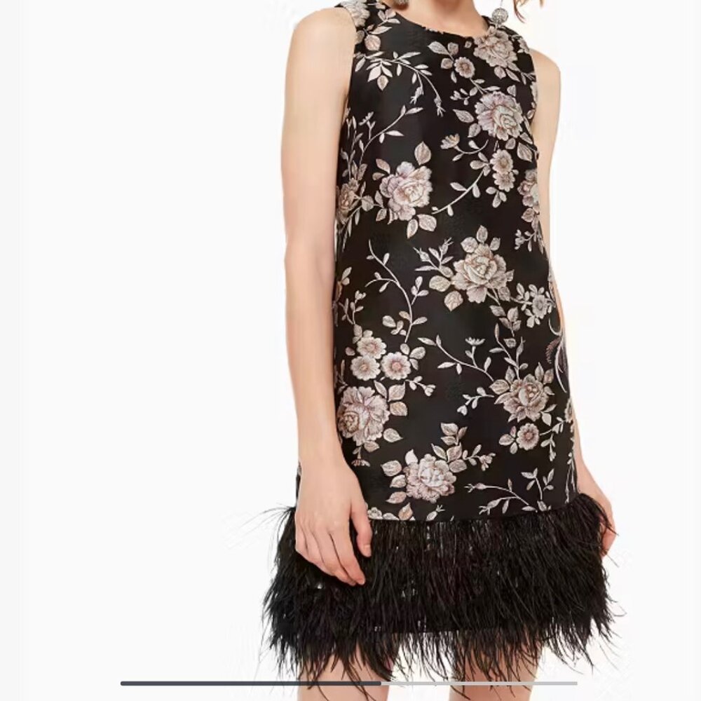 kate spade Black Floral Feather-Trim Shift Dress - Picture 4 of 11